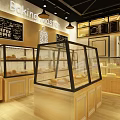 Sweet Dessert Shop With Glass Display Cases Wooden Counters Chevron Wall Pendant Lights And Pastries