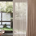 Sheer And Thick Beige Curtains Enhance Cozy Living Room With Sofa Tea Table And Garden