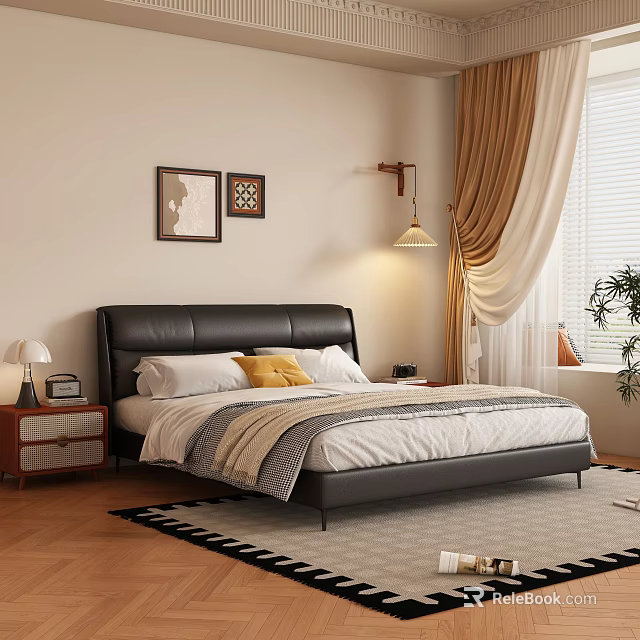 Modern Bedroom Interior With Black Leather Headboard White Bedding Decorative Art And Geometric Rug 3d model 