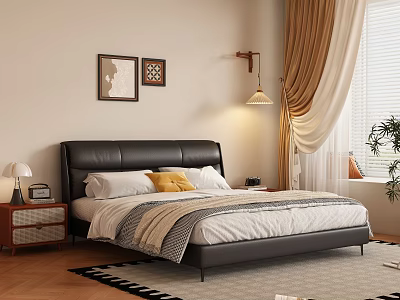 Modern Bedroom Interior With Black Leather Headboard White Bedding Decorative Art And Geometric Rug 3d model