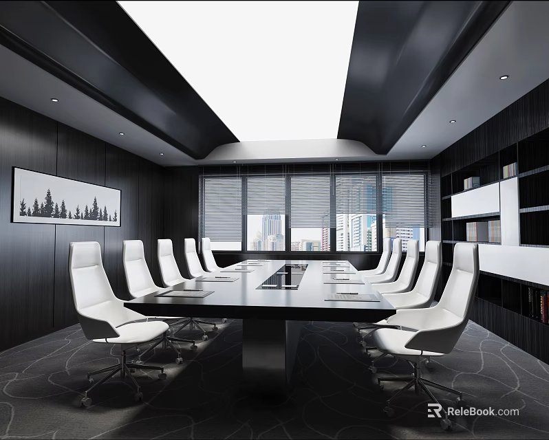 Modern Conference Room With Dark Walls White Chairs Long Table Large Windows And City View 3d model 