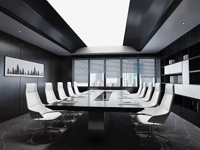 Modern Conference Room With Dark Walls White Chairs Long Table Large Windows And City View 3d model