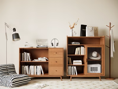 Modern Wooden Bookcase Interior With Drawers Books Decorations Floor Lamp And Striped Chair 3d model