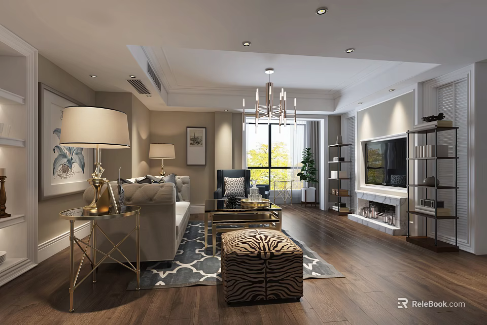 Modern Living Room Interior With Sofa Coffee Table Crystal Chandelier TV And Rug 3d model 