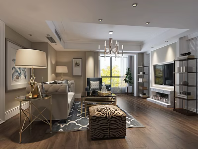 Modern Living Room Interior With Sofa Coffee Table Crystal Chandelier TV And Rug 3d model
