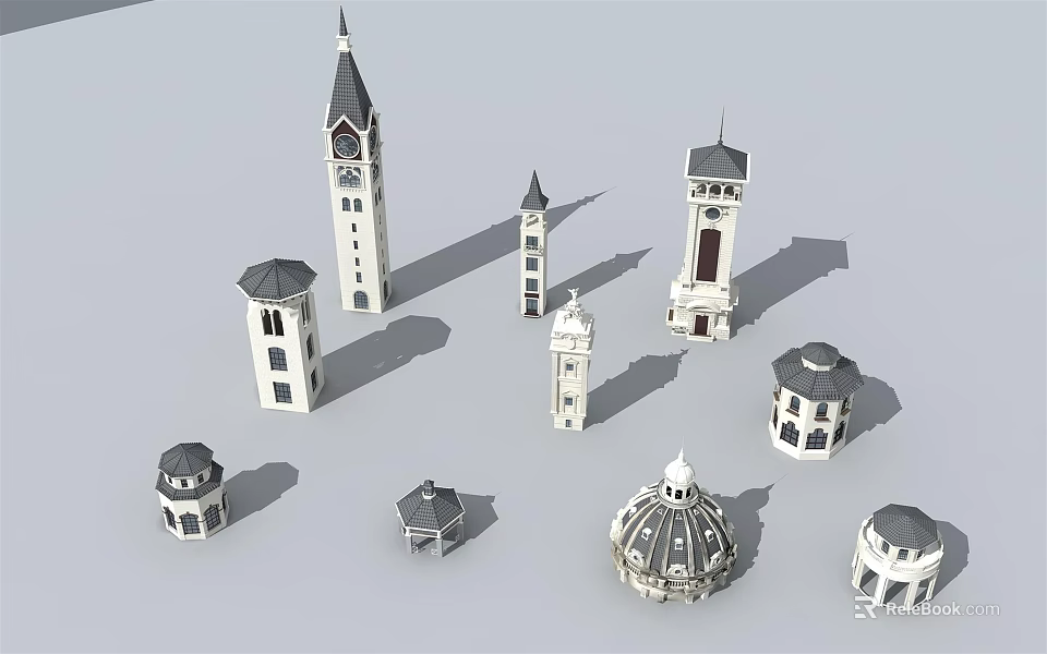 Collection Of Various Architectural Towers With Clock Tower Dome And Different Heights 3d model 