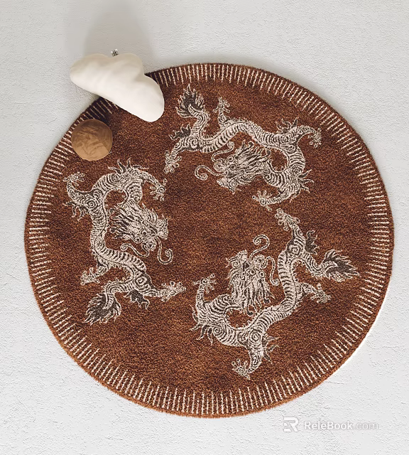 Brown Round Rug With Intricate White Dragon Patterns And Decorative Border 3d model