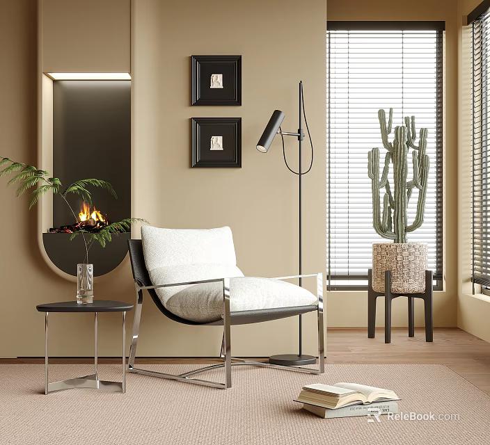 Modern Accent Chair With White Cushion Floor Lamp Cactus Wall Art And Window Blinds 3d model 