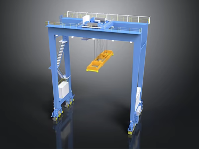 Heavy Duty Blue Gantry Crane With Yellow Hoist And Ladder Platform 3d model