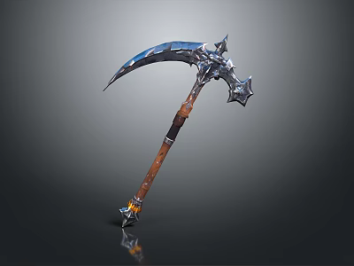 Ornate Scythe Weapon With Metal Blade Blue Accents And Wooden Handle 3d model