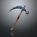 Ornate Scythe Weapon With Metal Blade Blue Accents And Wooden Handle