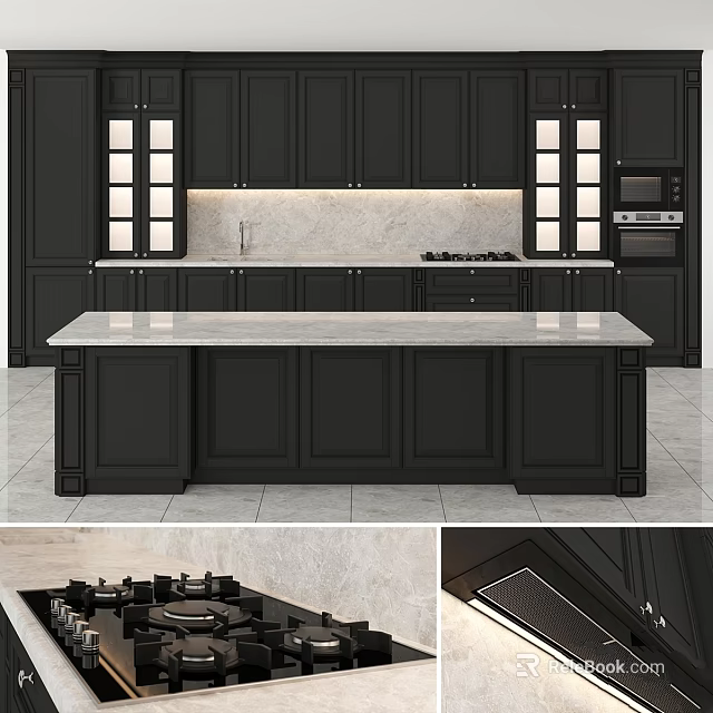 Modern Open Kitchen Interior With Black Cabinets Glass Door Design And Marble Island Countertop 3d model 