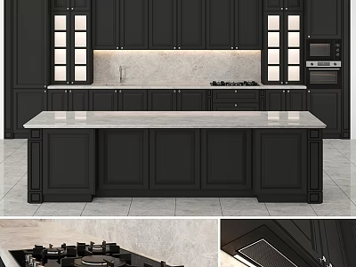 Modern Open Kitchen Interior With Black Cabinets Glass Door Design And Marble Island Countertop 3d model