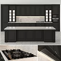 Modern Open Kitchen Interior With Black Cabinets Glass Door Design And Marble Island Countertop