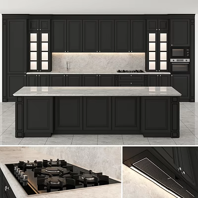 Modern Open Kitchen Interior With Black Cabinets Glass Door Design And Marble Island Countertop 3d model