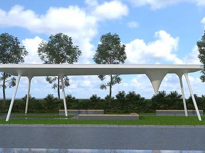 Outdoor Shelter Structure With Trees Grass And Blue Sky Clouds Landscape 3d model