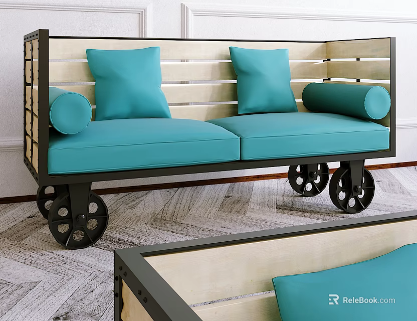 Two Seater Sofa With Wooden Metal Frame Turquoise Cushions Black Wheels Indoor Setting 3d model 