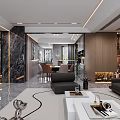 Modern Elegant Open Living Dining Room With Marble Wall Gray Sofa Geometric Rug Floor-to-Ceiling Windows