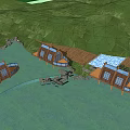 Wooden Houses With Large Windows On Green Hills Waterfront And Grassy Area