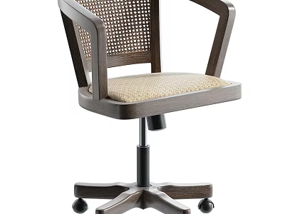 Wooden Armrest Woven Back Office Chair With Beige Cushion And Rolling Base 3d model