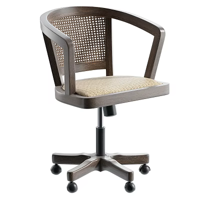 Wooden Armrest Woven Back Office Chair With Beige Cushion And Rolling Base 3d model