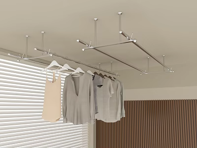 Modern Hanging Clothes Rack With Clothes In Interior Room Featuring Wooden Accent Wall And Blinds 3d model