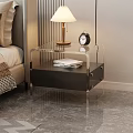 Transparent Frame Bedside Table with Wooden Drawer Alarm Clock Books and Table Lamp in Bedroom