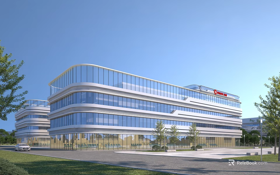 Modern Hospital Building With Glass Curtain Walls Streamlined Exterior Surrounding Lawn Trees And Entrance Area 3d model 