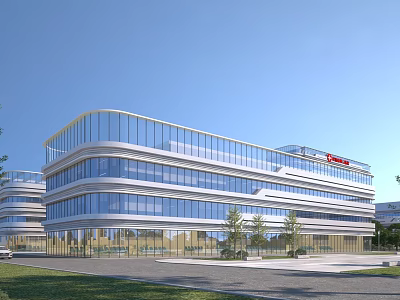 Modern Hospital Building With Glass Curtain Walls Streamlined Exterior Surrounding Lawn Trees And Entrance Area 3d model