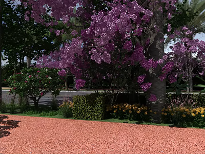 Scenic Roadside Facilities Featuring Red Pavement Purple Flowering Trees Green Shrubs And Yellow Flowers 3d model
