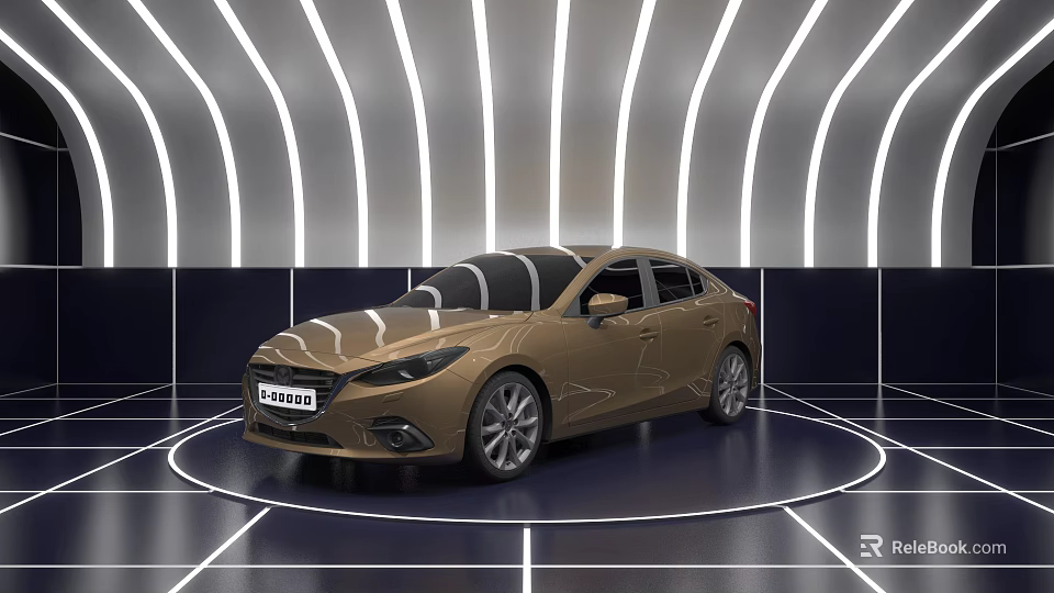 Golden Sedan Car Displayed In Modern Showroom With Curved White Lights And Floor Lines 3d model 