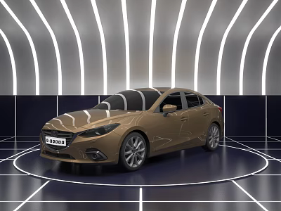 Golden Sedan Car Displayed In Modern Showroom With Curved White Lights And Floor Lines 3d model