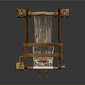 Antique Wooden Loom Structure With Wooden Frame Yarn And Woven Fabric