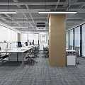 Modern Public Office Space With Open Desks Computers Large Windows And Gray Carpet 3d model
