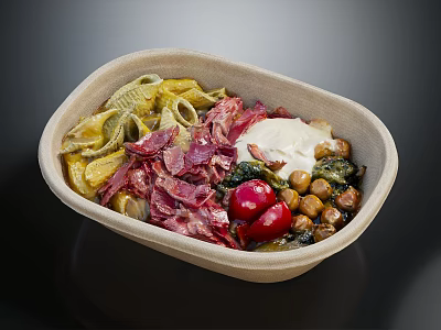 Delicious Pasta Paper Bowl with Corned Beef White Sauce Cherry Tomatoes Chickpeas and Fresh Greens 3d model