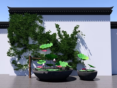 Zen Style Fish Tank Aquarium with Lotus Plants and Green Wall 3d model