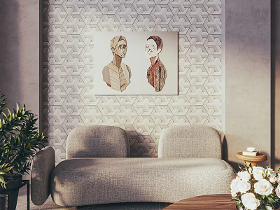 Modern Living Room Interior With Geometric Wallpaper Gray Sofa And Portrait Painting 3d model