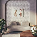 Modern Living Room Interior With Geometric Wallpaper Gray Sofa And Portrait Painting