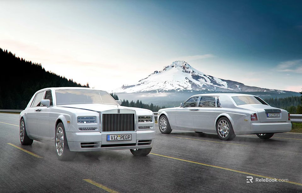 Two White Rolls Royce Cars on Road with Snowy Mountain and Forest Background 3d model 