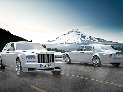 Two White Rolls Royce Cars on Road with Snowy Mountain and Forest Background 3d model