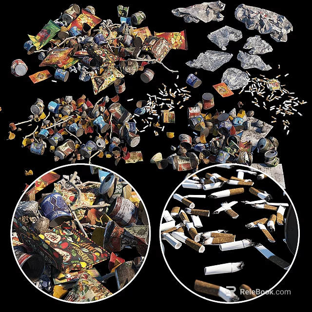 Ground Covered With Various Litter Including Packaging Bottles And Cigarette Butts 3d model 