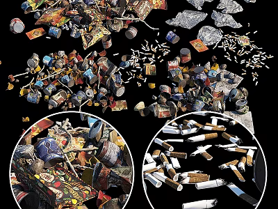 Ground Covered With Various Litter Including Packaging Bottles And Cigarette Butts 3d model