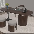 Modern Minimalist Dark Brown Tea Table and Stools With Tea Set and Yellow Flowers