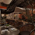 Cozy Natural Restaurant Interior With Wooden Tables Chairs Hanging Light Strings And Green Plants