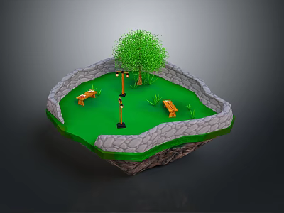 Scenic Park Landscape With Green Grass Tree Street Lamp Wooden Benches And Stone Wall Fence 3d model