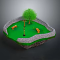 Scenic Park Landscape With Green Grass Tree Street Lamp Wooden Benches And Stone Wall Fence