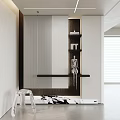 Modern Entryway Hallway Interior With Striped Panel Shelves Cabinet And Black White Rug