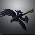 Blue Mythical Flying Creature With Expanded Wings Orange Tail Feathers In Dark Background