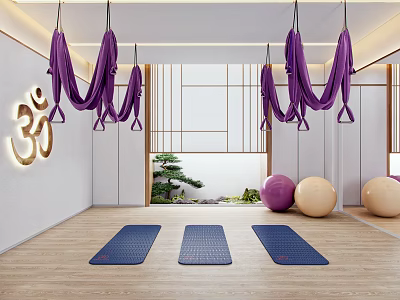 Yoga Fitness Studio With Purple Hammocks Blue Mats Exercise Balls And OM Symbol 3d model
