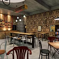 Modern Industrial Café Interior Design With Large Windows Ocean View And Wooden Table High Stools